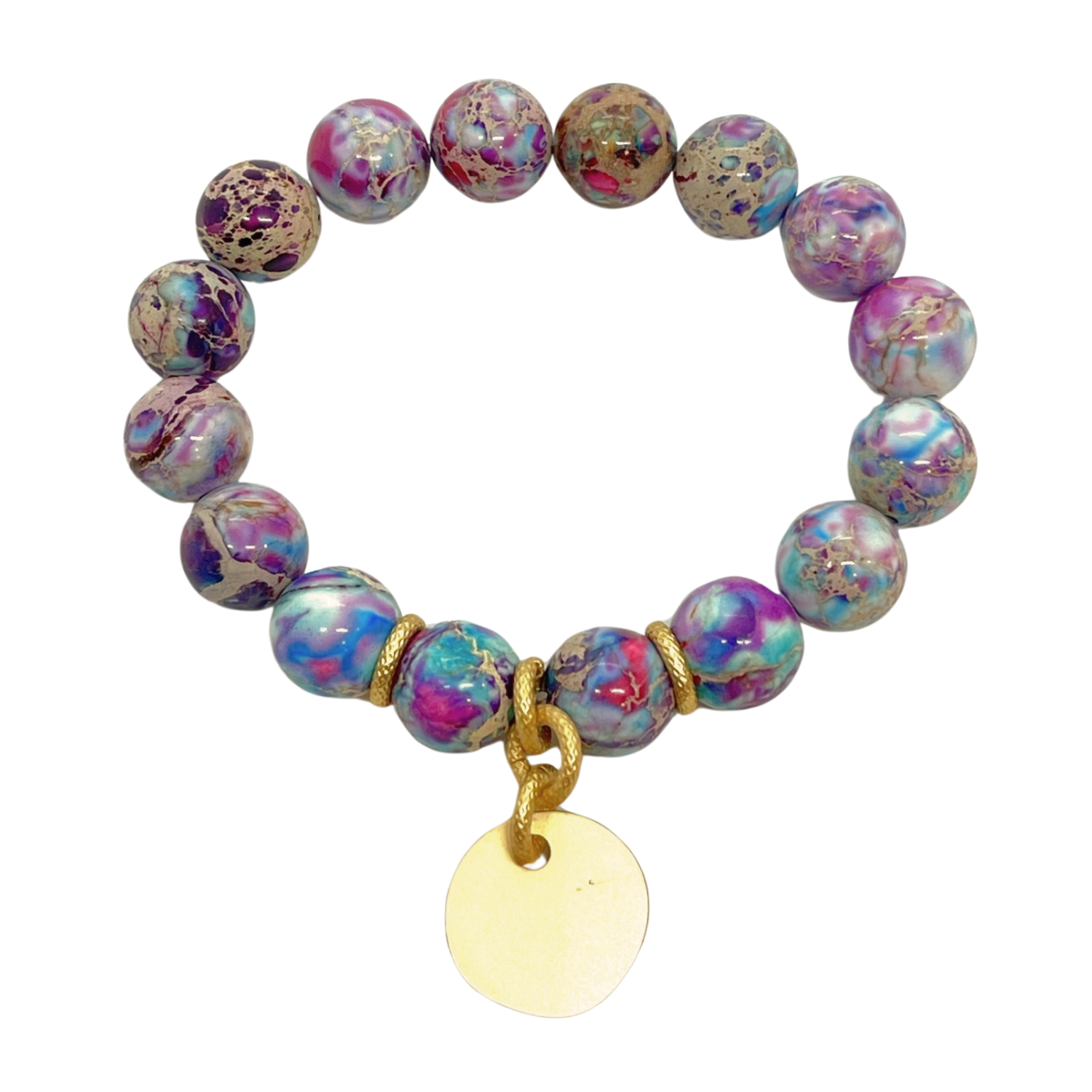 Multi Jasper Stretch Bracelet With Matte Gold Charm