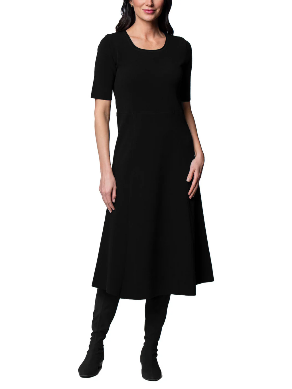 Nora Milano Knit Short Sleeved Fit-And-Flare Midi Dress; Black