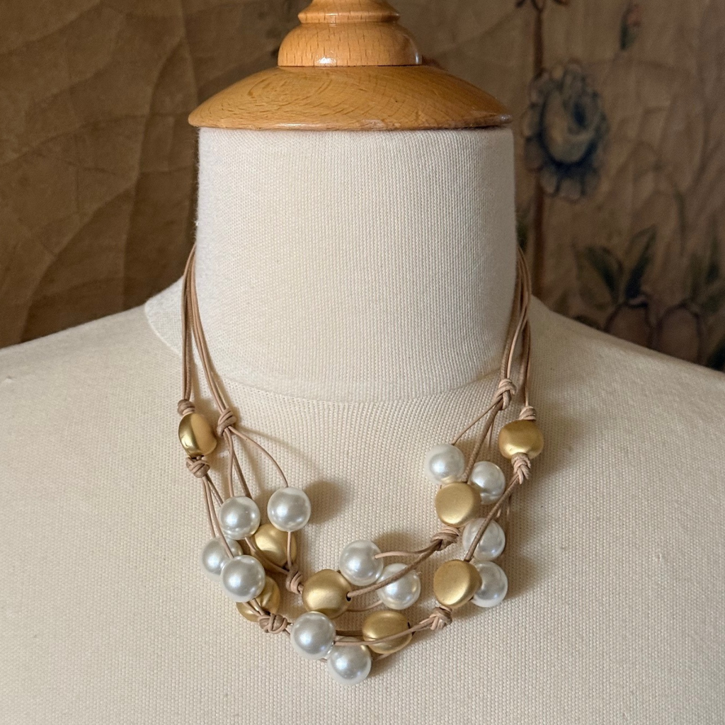 Pearl And Gold Nugget Two Strand Woven Necklace