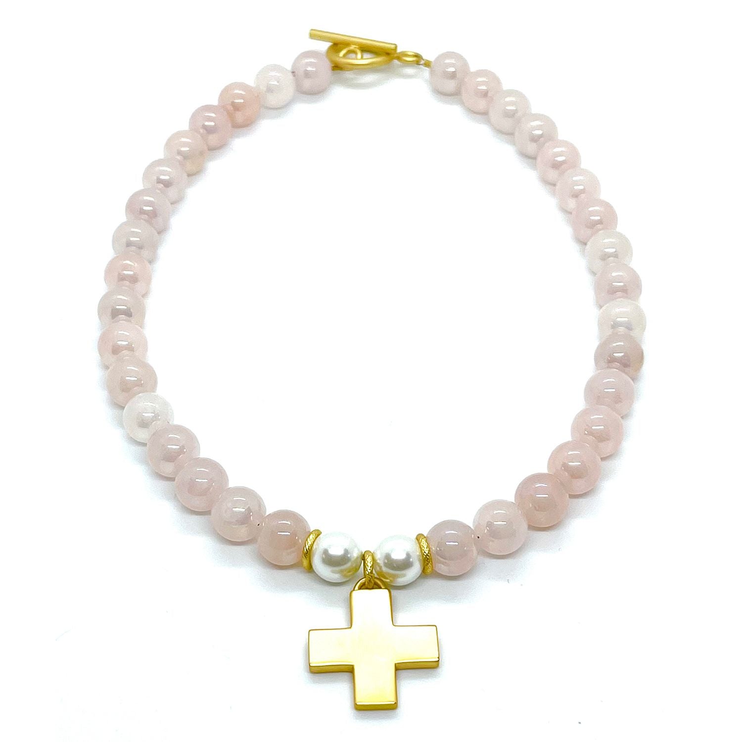 Matte Gold Cross Rose Quartz With White Pearl Accent Necklace
