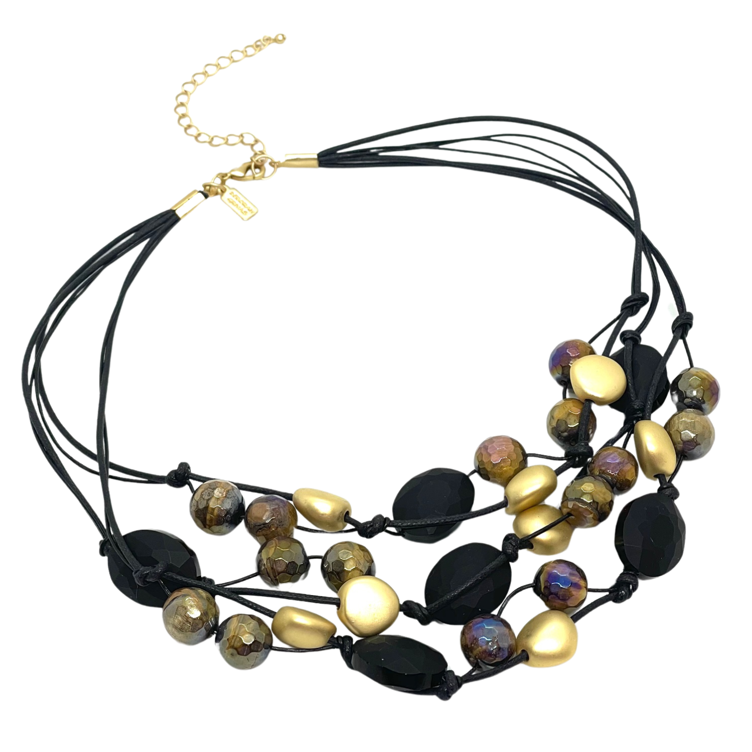 Matte Black Crystal, Brown Tigers Eye Black Linen and Leather Torsade Necklace