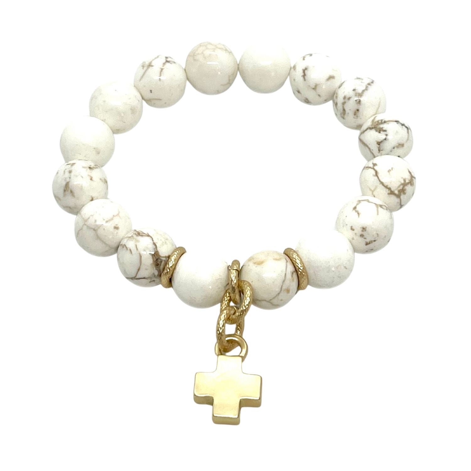 White Magnesite Stretch Bracelet With Matte Gold Cross