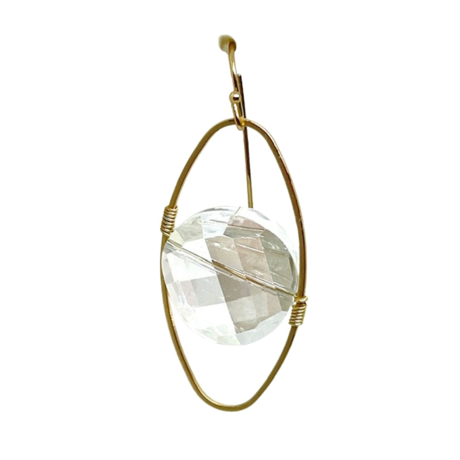White(Clear) Coin Shape Crystal Matte Gold Oval Wire Wrap Earrings